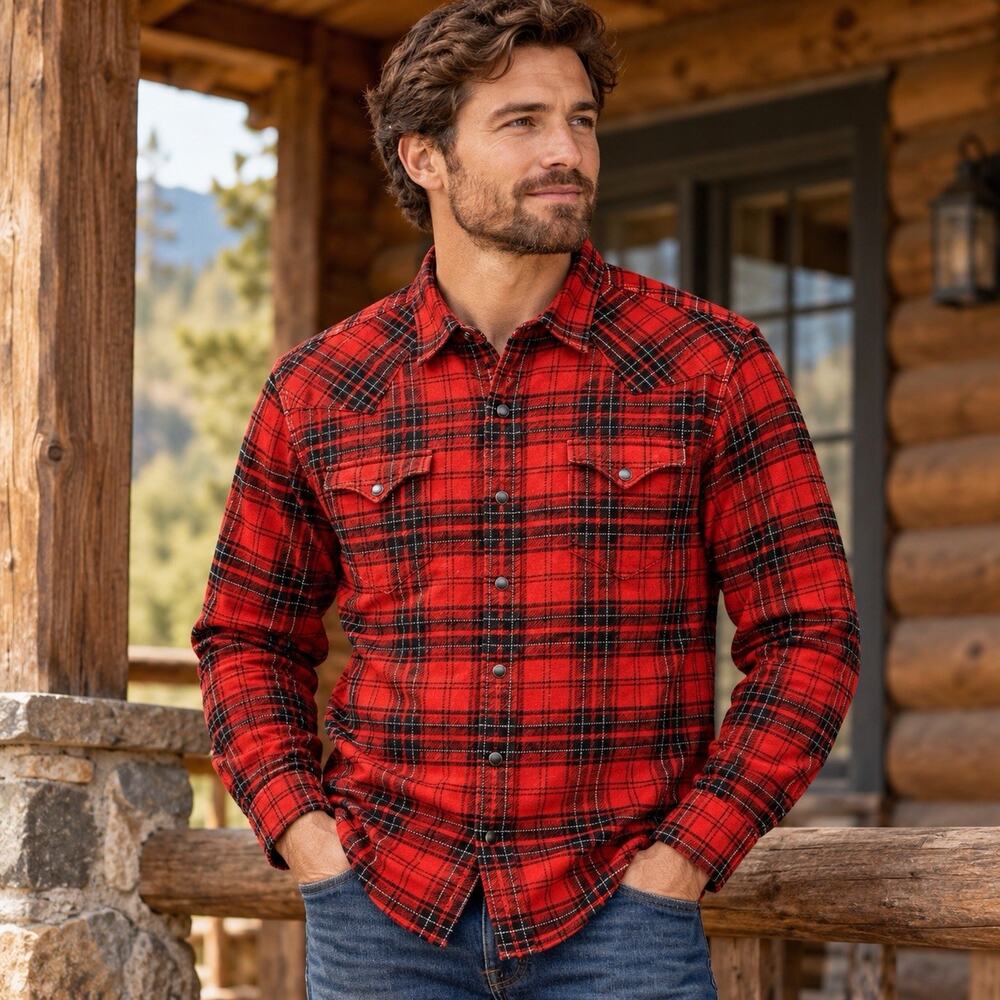 Polo Ralph Lauren Men XL Red Black Plaid Flannel Pearl Snap Western Shirt Cowboy